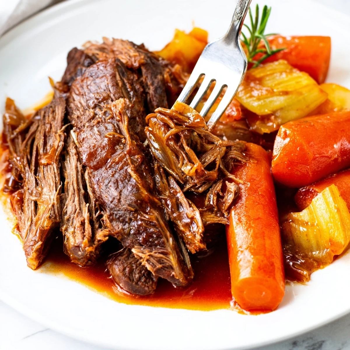 Sliced perfect pot roast with fork-tender beef drizzled with savory pan juices