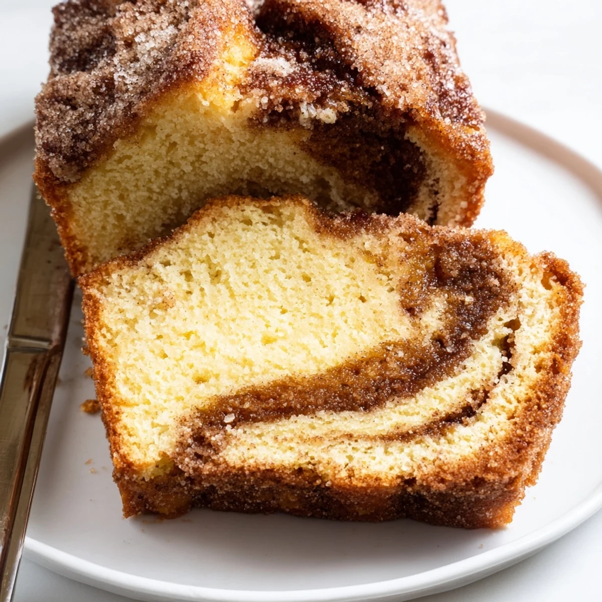 Warm cinnamon donut loaf sliced thick with a golden cinnamon sugar crust on a rustic cutting board
