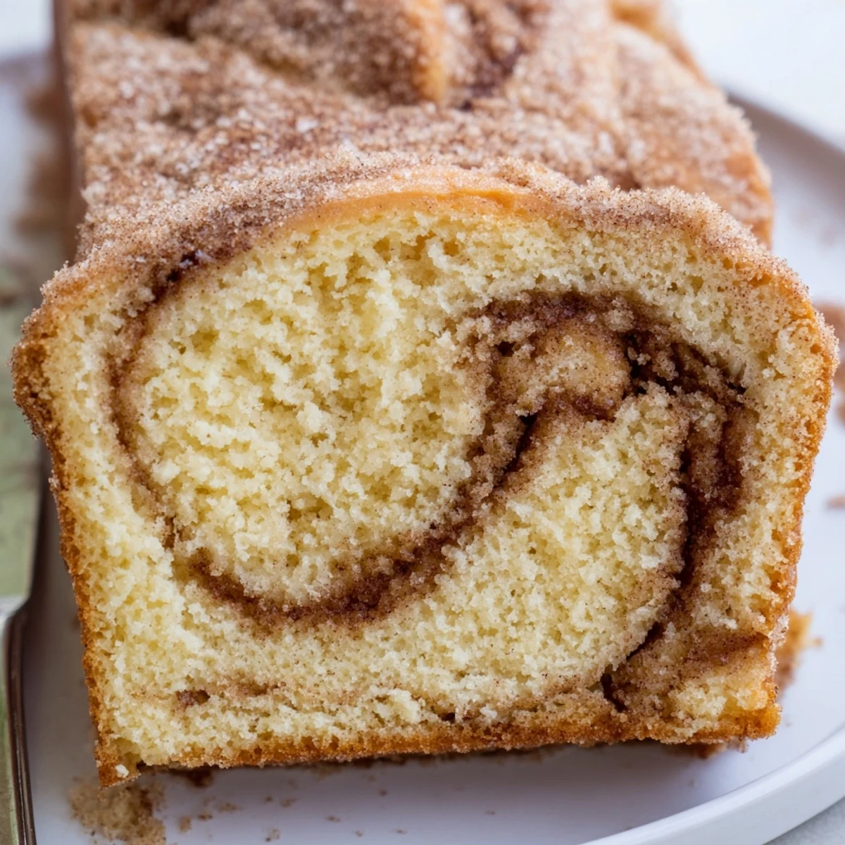 Moist cinnamon donut loaf revealing a swirling cinnamon sugar layer inside each tender bakery-style slice