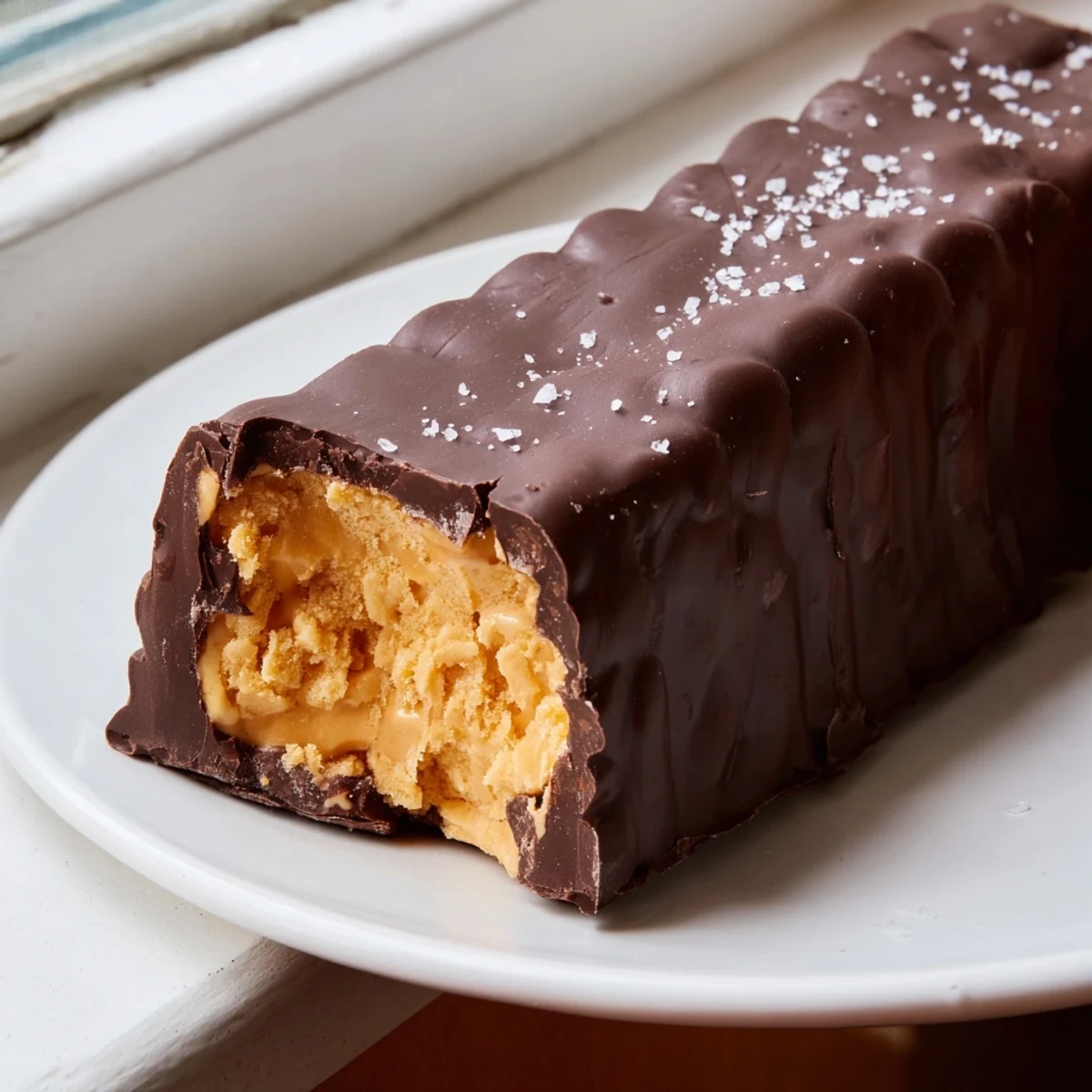 Crunchy healthy homemade Butterfingers bars dipped in glossy dark chocolate on a rustic plate