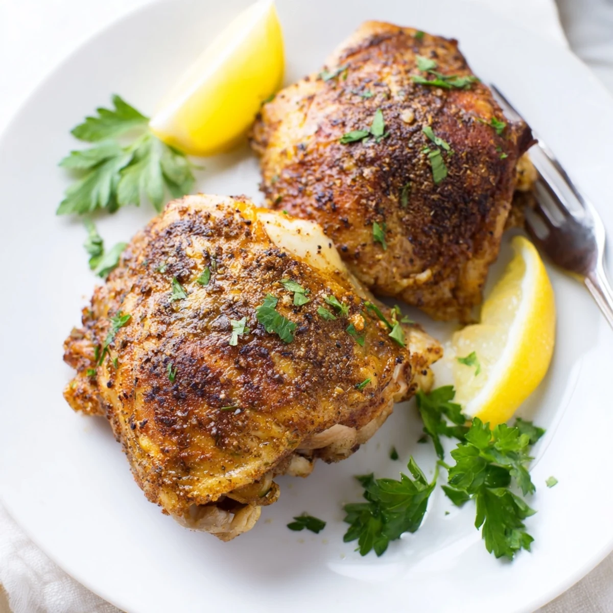 Crispy golden oven baked chicken thighs with herbs on a sheet pan