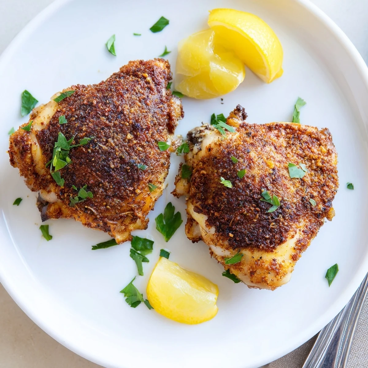 Perfectly roasted oven baked chicken thighs with seasoned crispy skin and fresh herbs