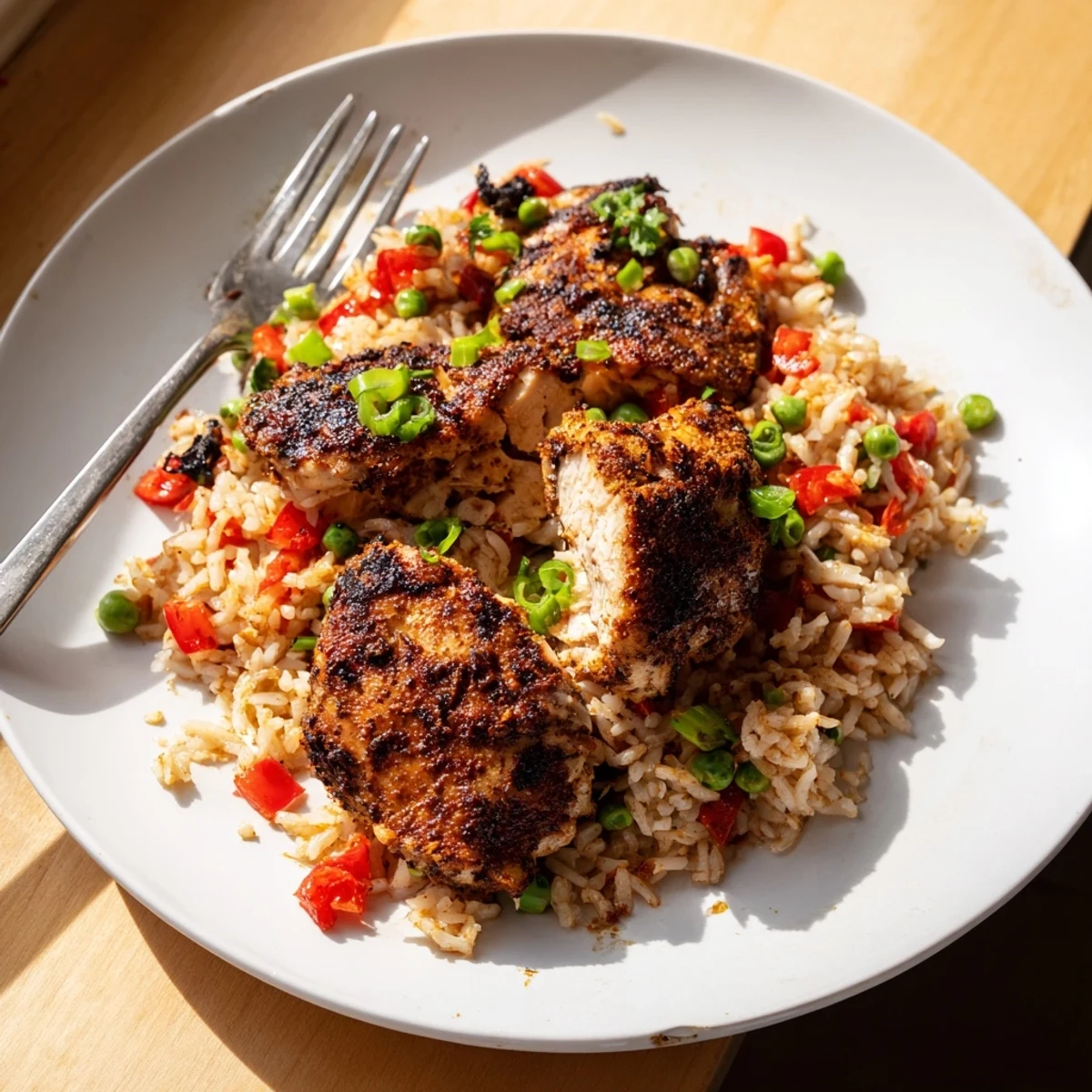 Spicy jerk chicken rice garnished with fresh cilantro and spring onions in a skillet