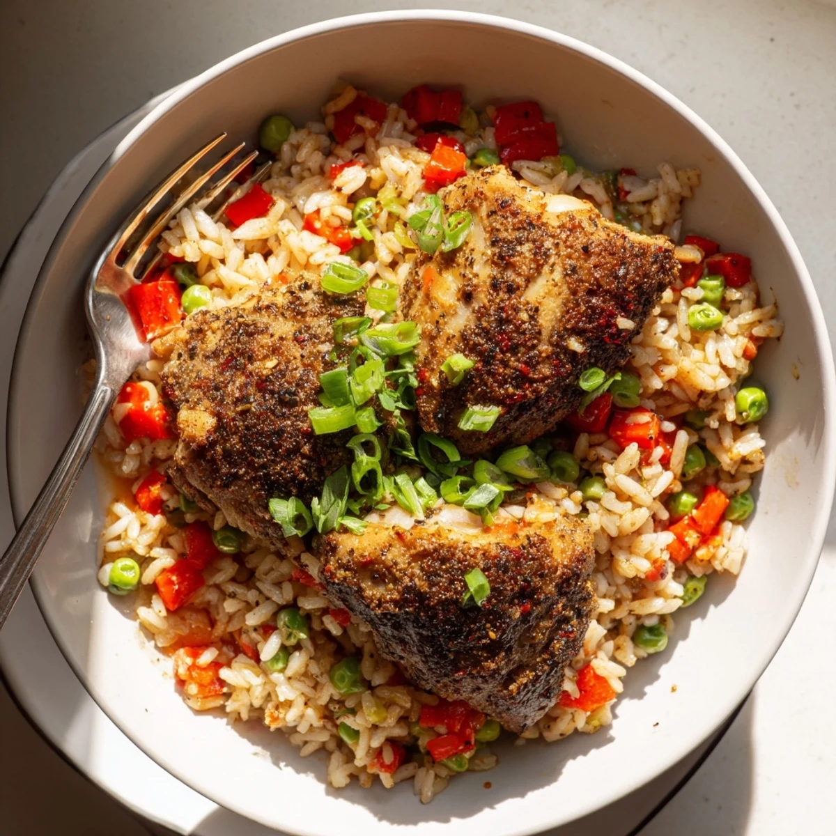 Golden seared chicken thighs nestled in coconut-infused spicy jerk chicken rice with peas