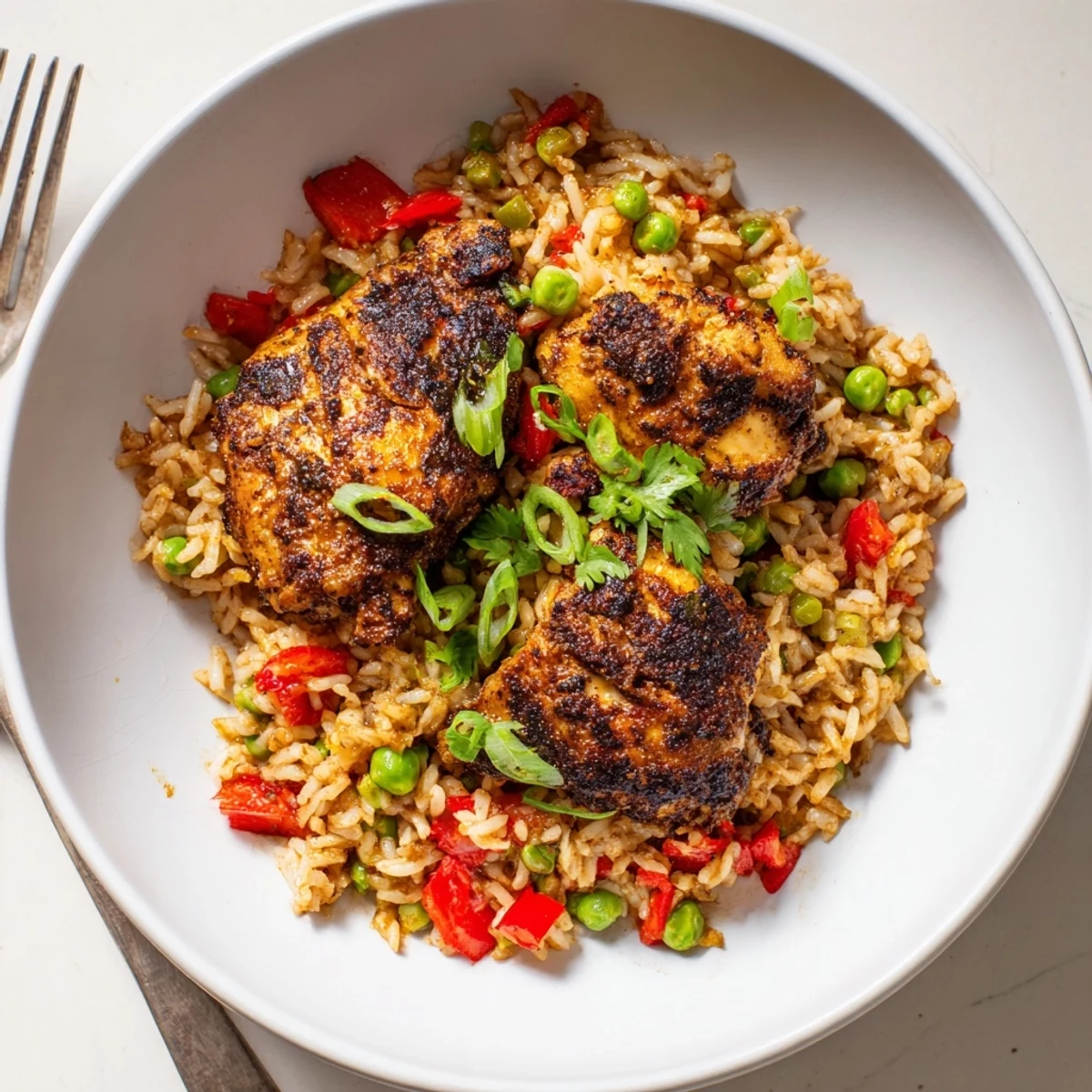 Steaming bowl of spicy jerk chicken rice topped with vibrant red bell peppers