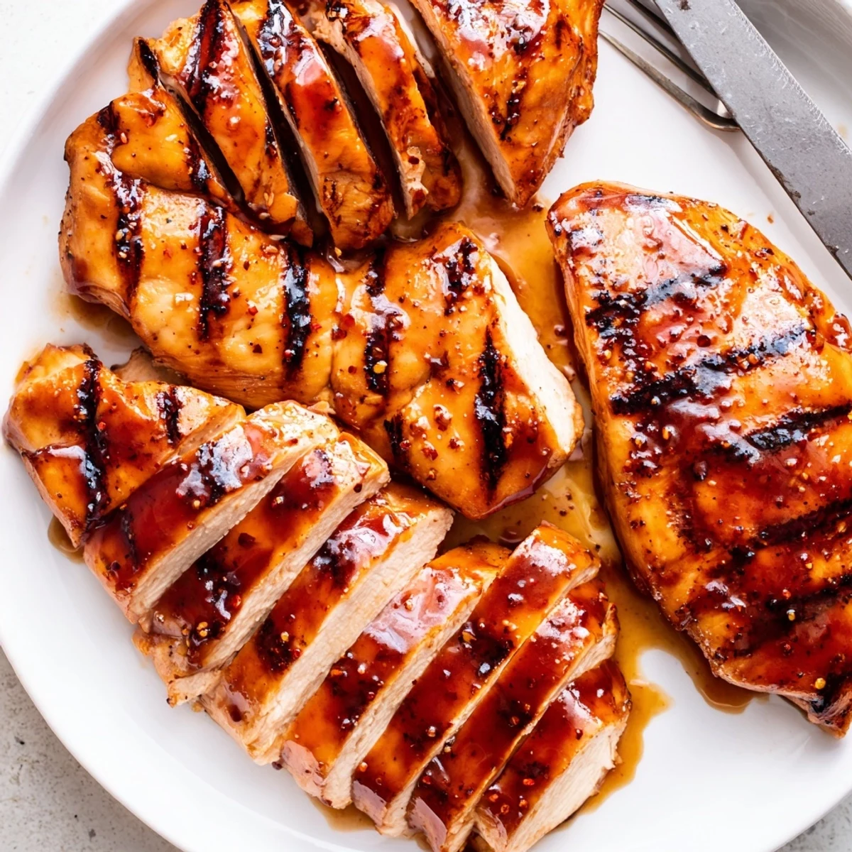 Tender grilled Coca Cola glazed chicken breast sliced open revealing moist meat and sticky glaze
