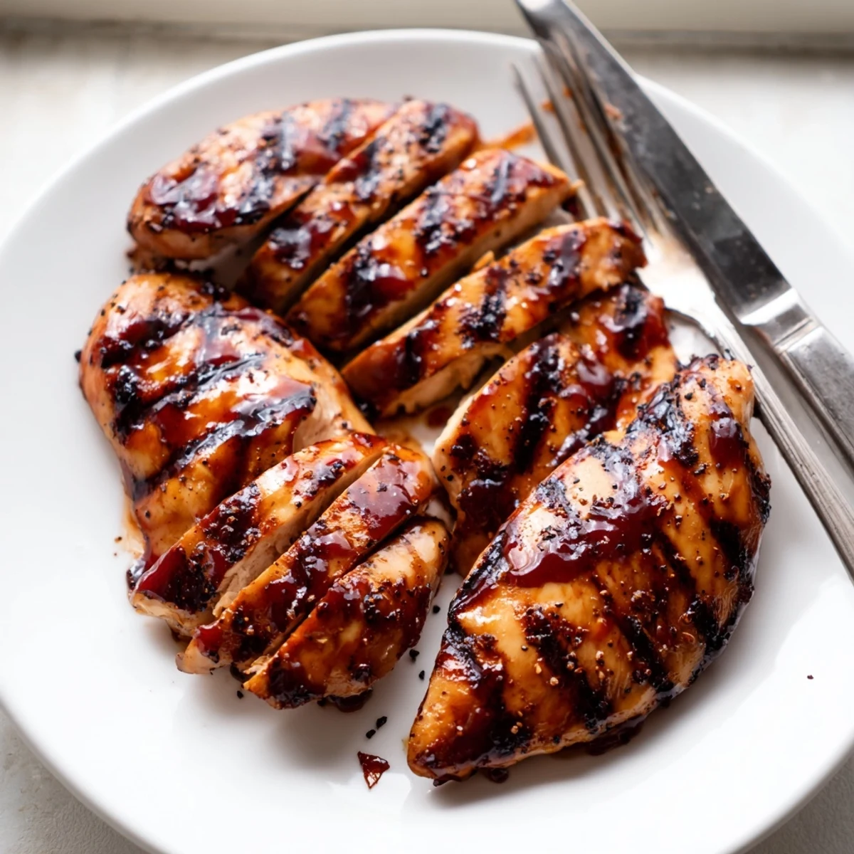Golden grilled Coca Cola glazed chicken breast garnished with fresh herbs beside grilled corn