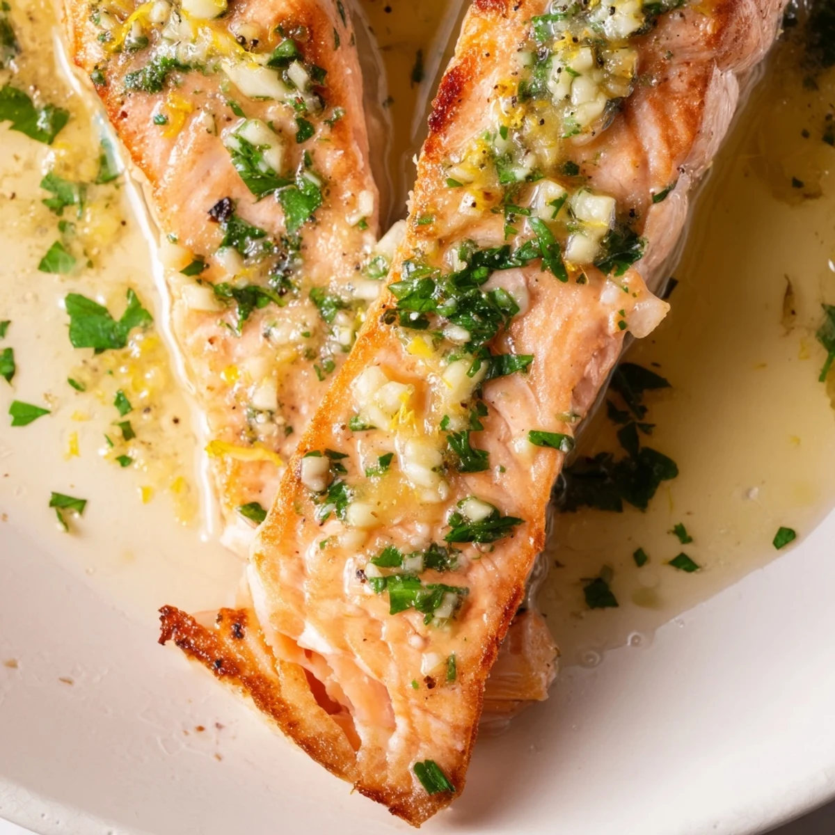 Golden garlic butter salmon fillets glistening with lemon herb sauce on a white plate