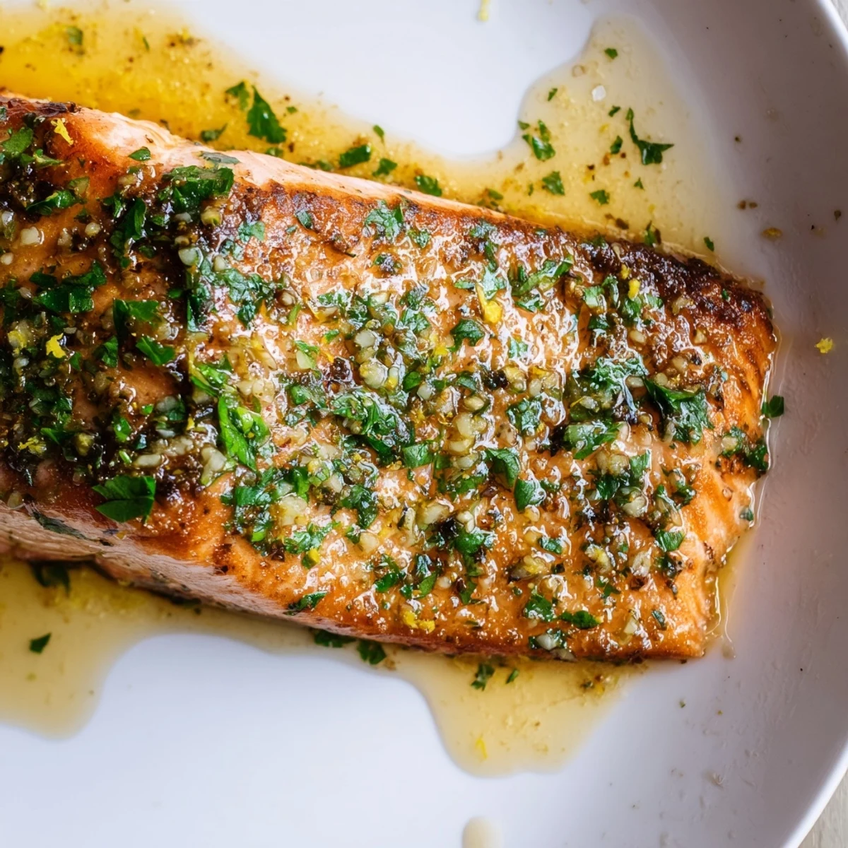 Pan-seared garlic butter salmon topped with fresh parsley and bright lemon wedges