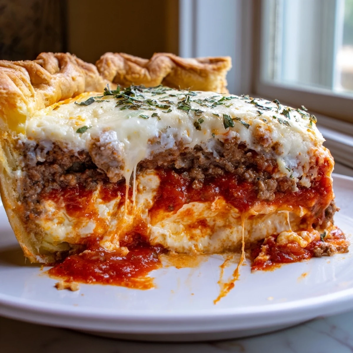 Cheesy lasagna pie sliced open showing gooey layers of melted mozzarella