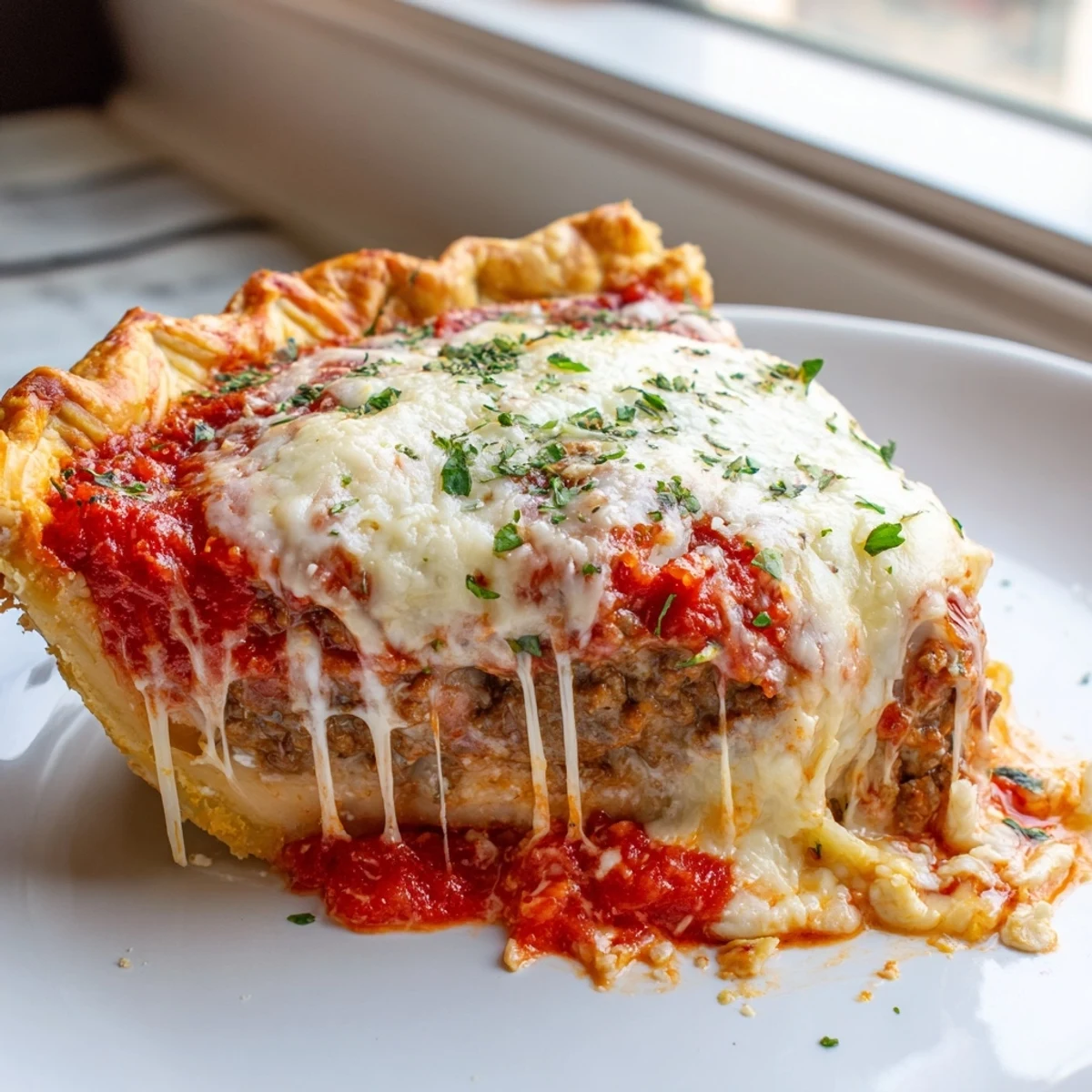 Golden bubbling cheesy lasagna pie with gooey layers fresh from the oven