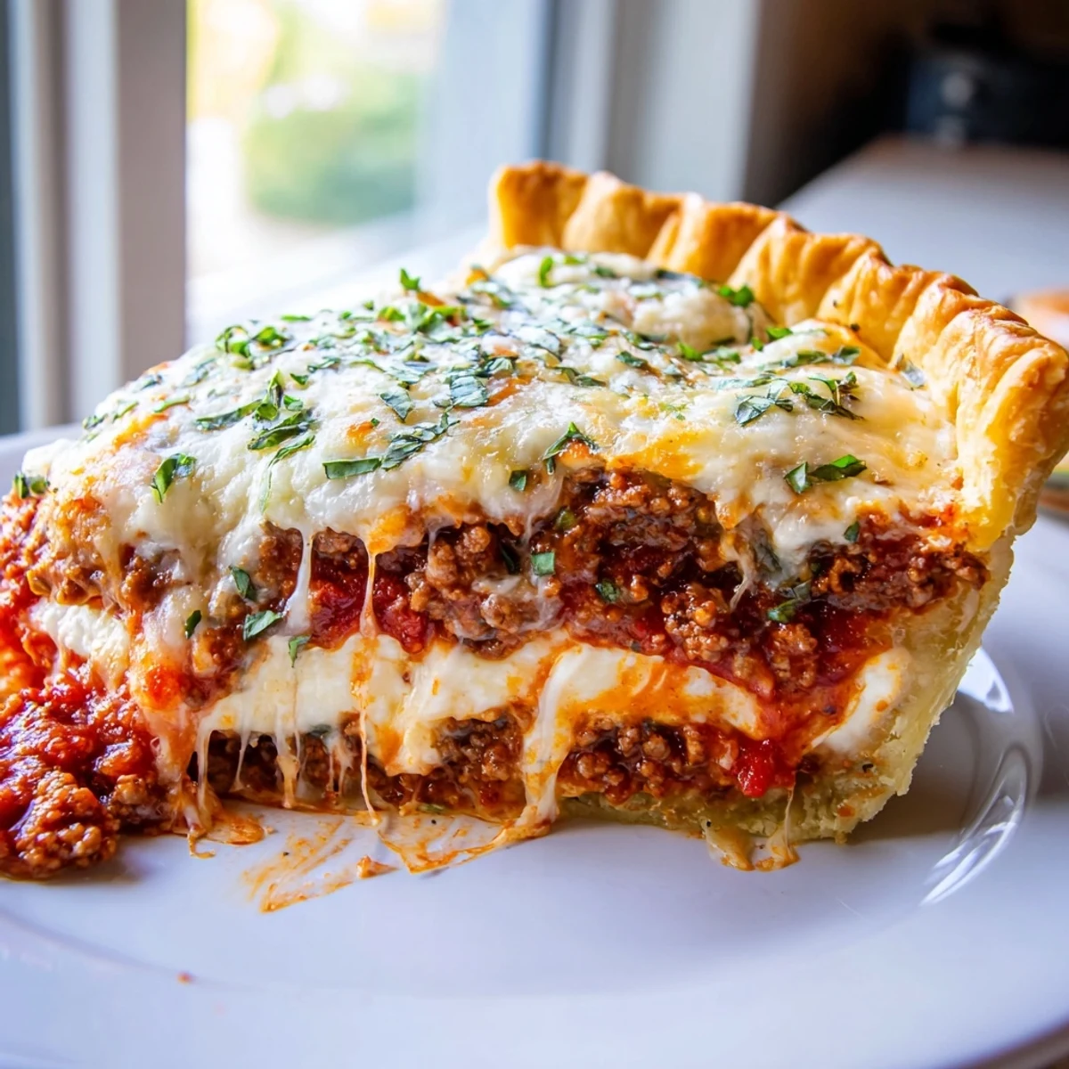 Steaming wedge of cheesy lasagna pie with gooey layers on rustic plate
