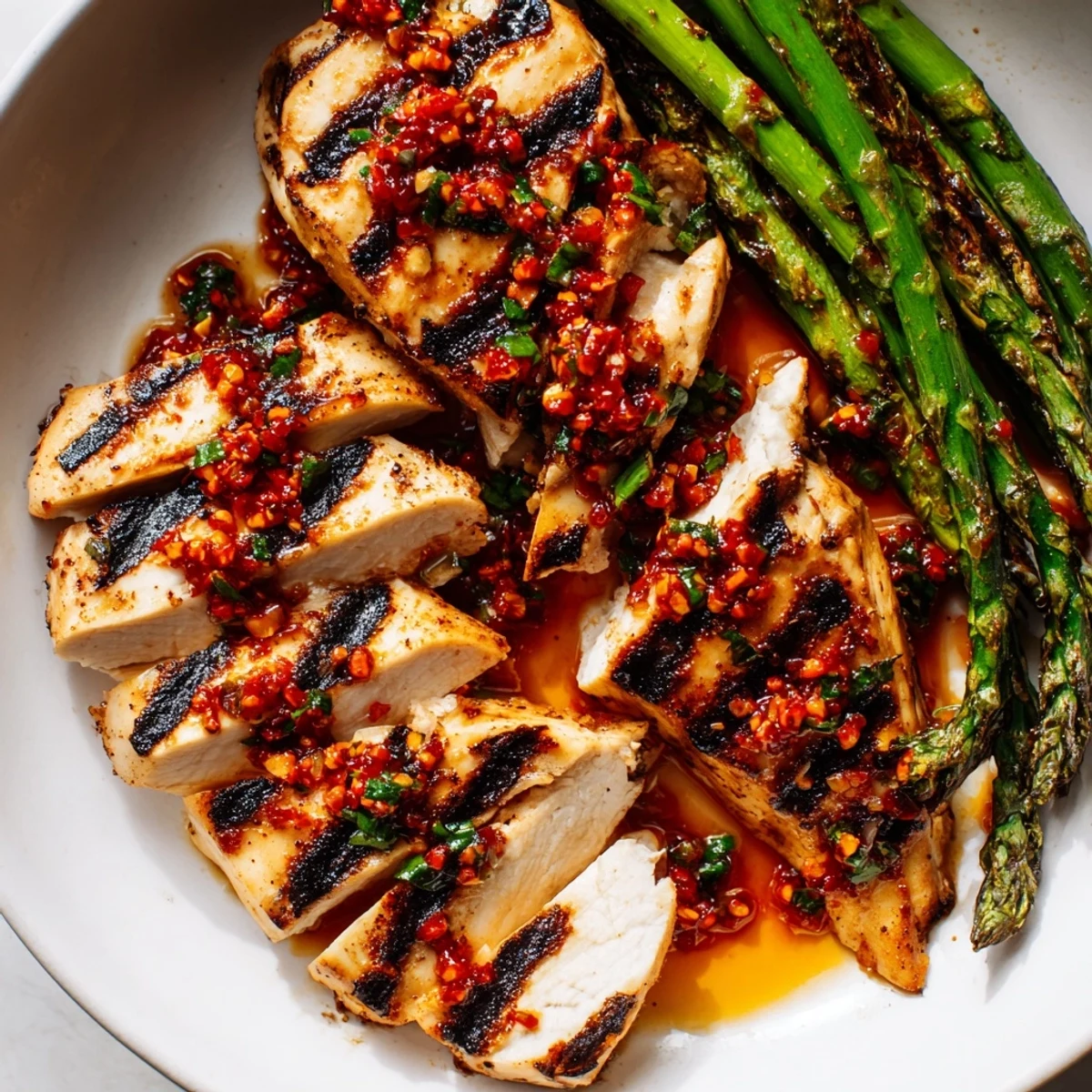 Juicy grilled asparagus chicken drizzled with spicy Calabrian chili sauce on a rustic plate