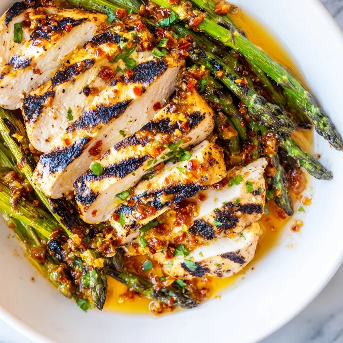 Charred asparagus and golden grilled asparagus chicken topped with vibrant Calabrian chili sauce