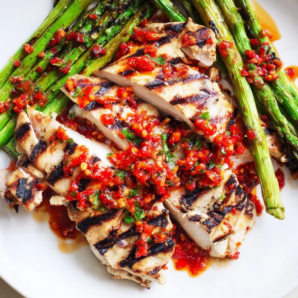 Smoky grilled asparagus chicken breasts glazed with bold Calabrian chili sauce and fresh parsley