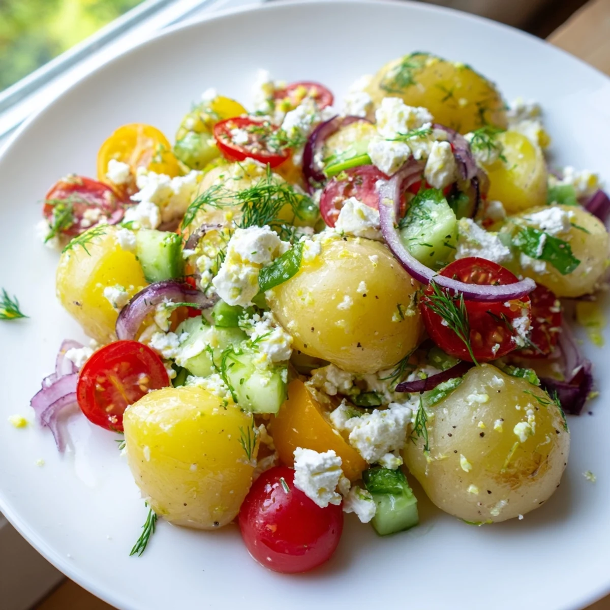 Creamy potato and feta salad topped with fresh dill and cherry tomatoes