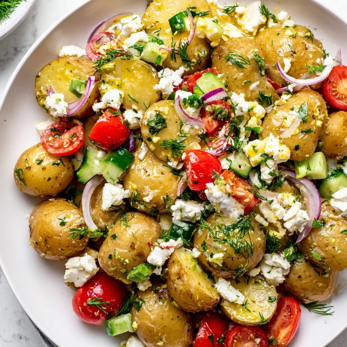 Warm potato and feta salad drizzled with tangy lemon herb dressing
