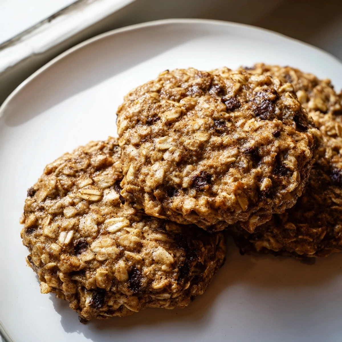 Soft chewy banana oatmeal cookies stacked on a plate beside a steaming mug