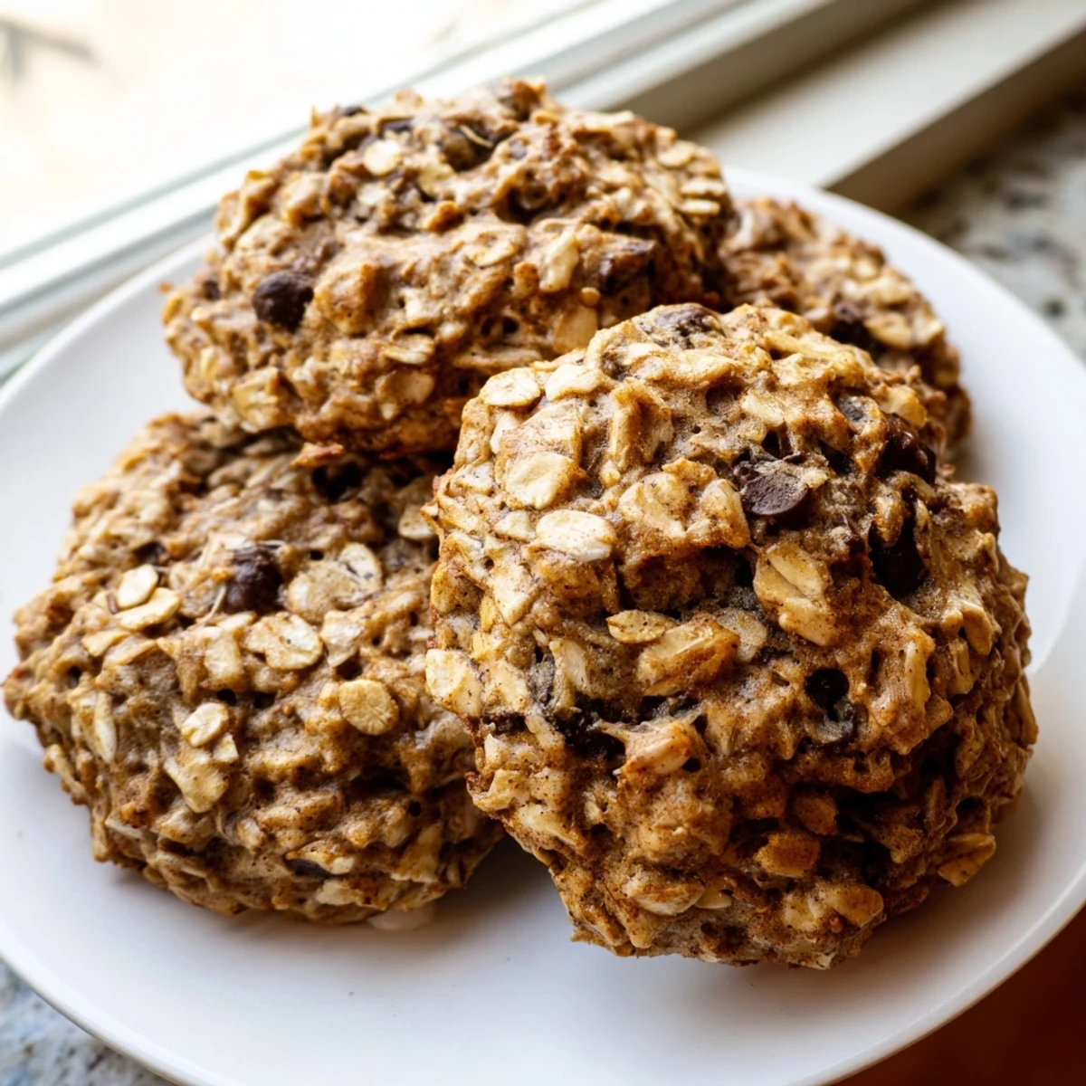 Golden chewy banana oatmeal cookies with chocolate chips on a rustic baking sheet