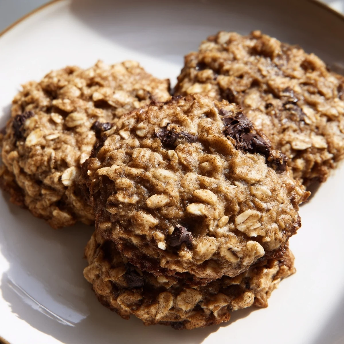 Thick chewy banana oatmeal cookies with cracked tops cooling on a wire rack
