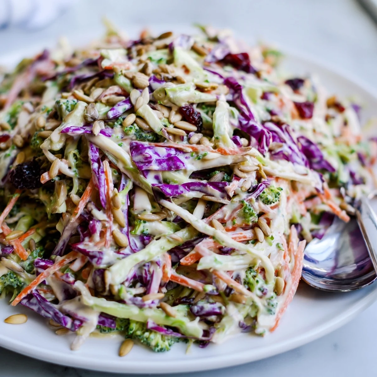 Creamy broccoli slaw tossed with shredded carrots and tangy dressing in a bowl