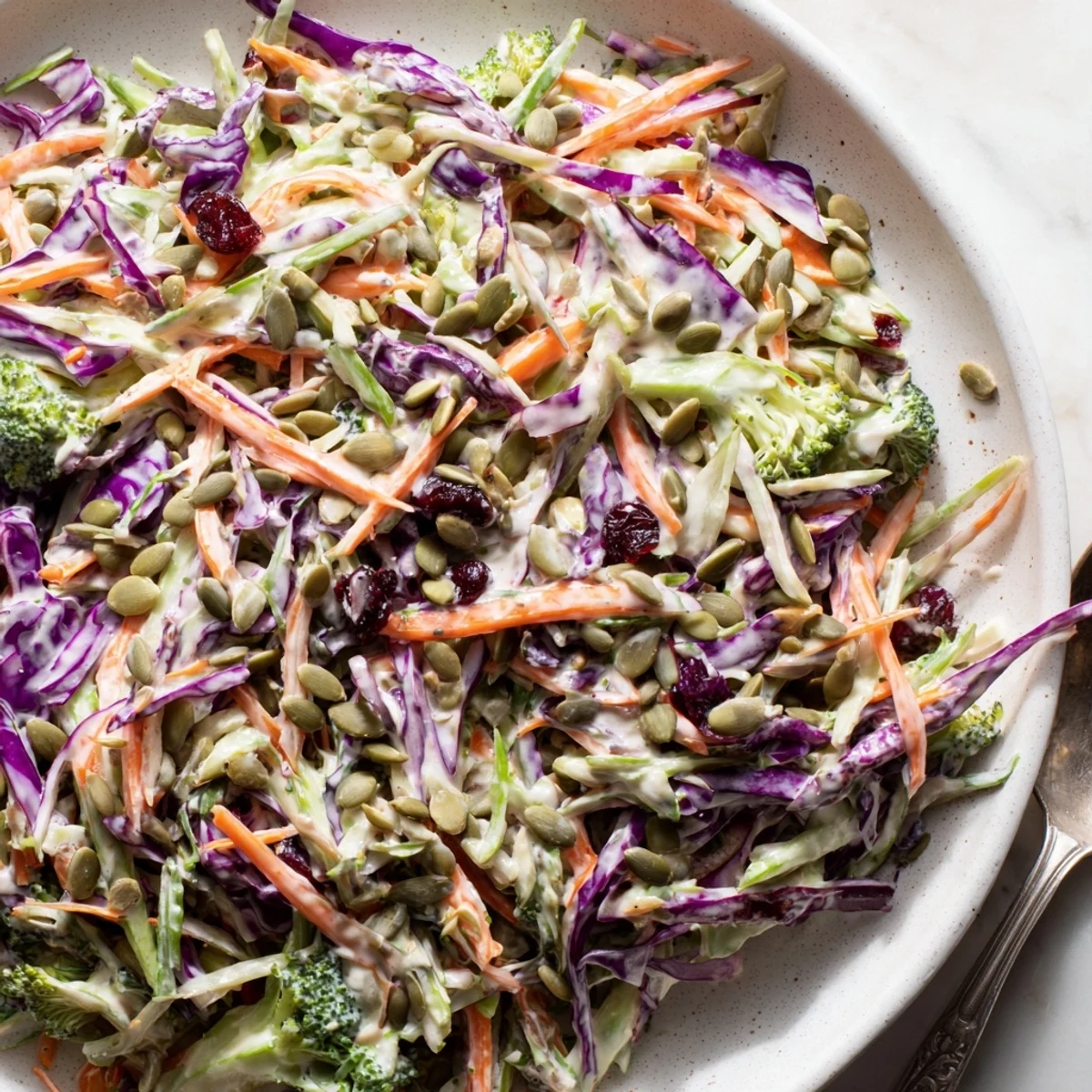 Crisp broccoli slaw topped with sunflower seeds and dried cranberries on a platter