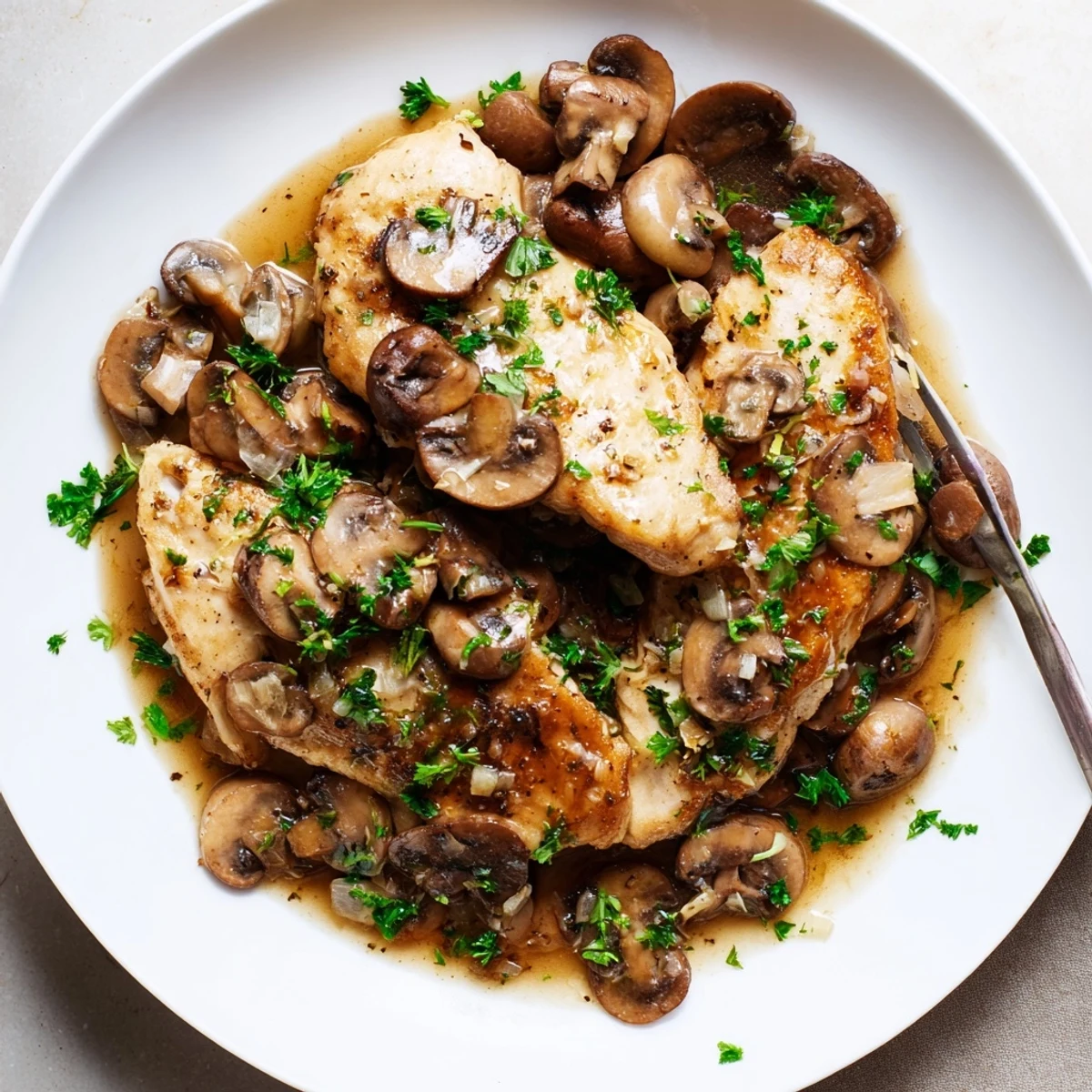 Golden dairy-free chicken Marsala smothered in rich wine sauce with earthy mushrooms