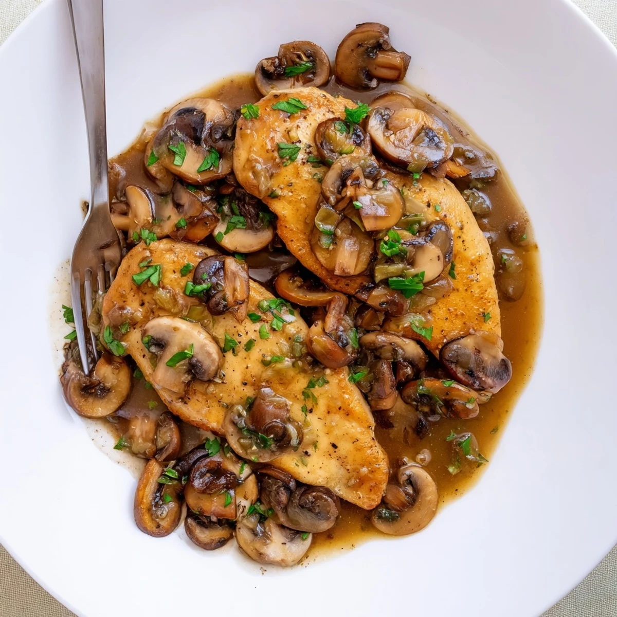 Creamy dairy-free chicken Marsala plated over pasta with fresh parsley garnish