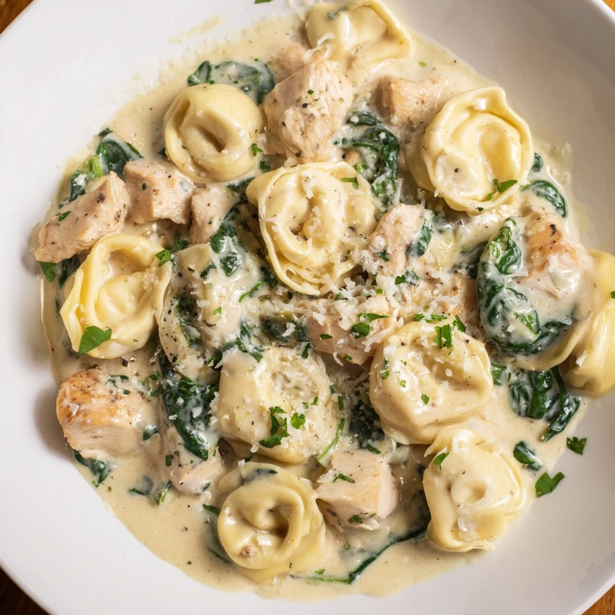Creamy Garlic Chicken Tortellini with Spinach served steaming in a white bowl