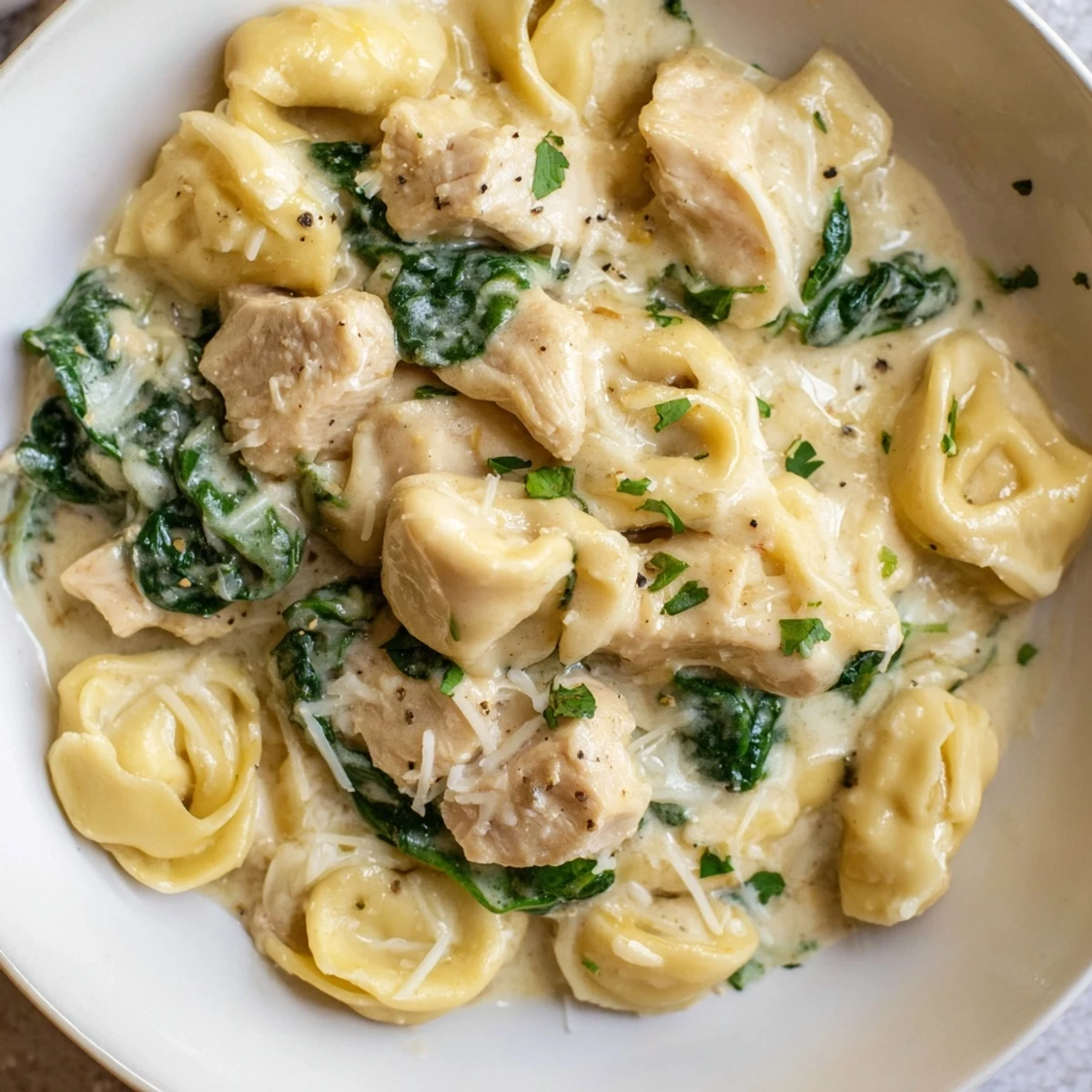 Golden chicken and tender tortellini coated in a velvety garlic cream sauce