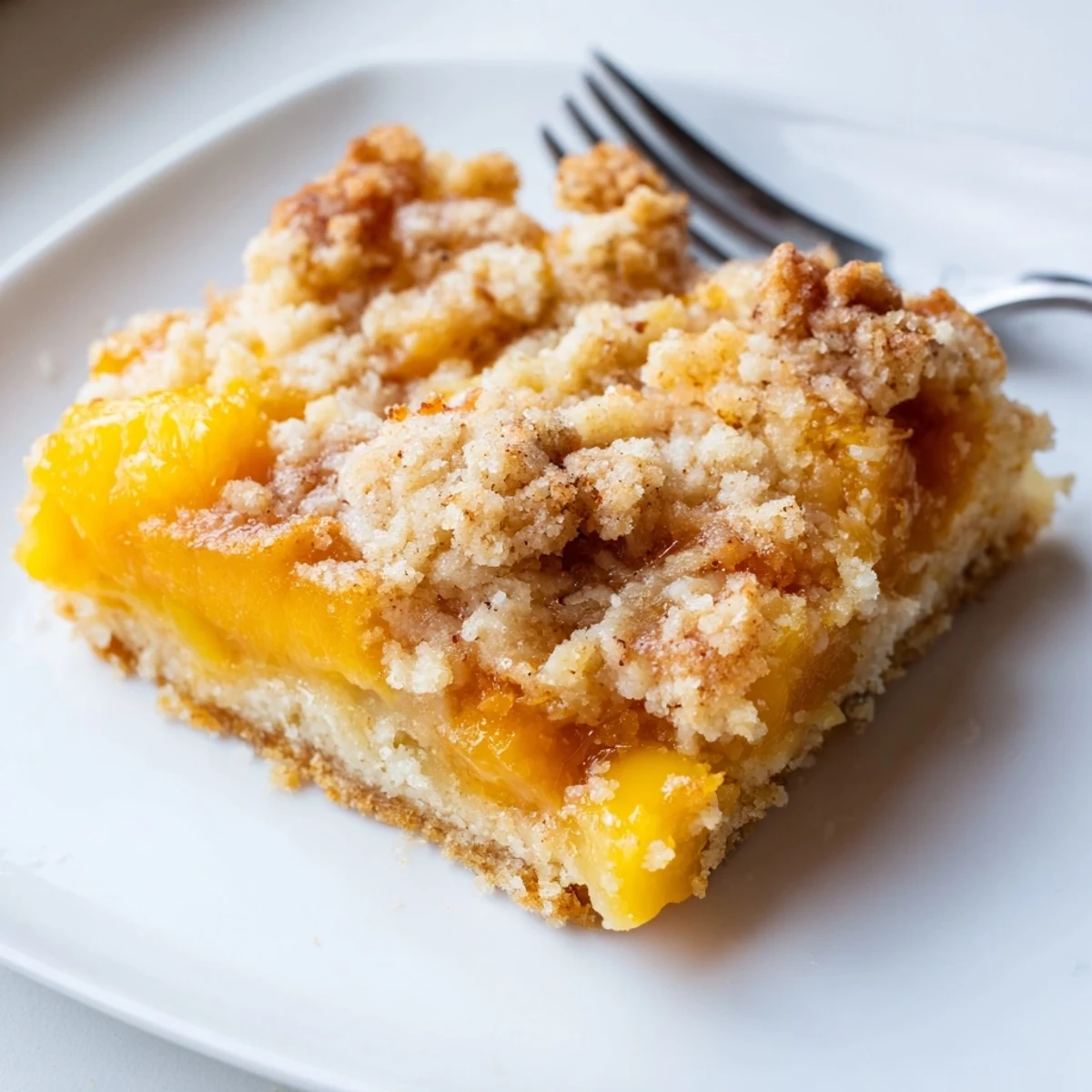 Sweet and buttery peach bars sliced into squares with a crumbly spiced streusel crust