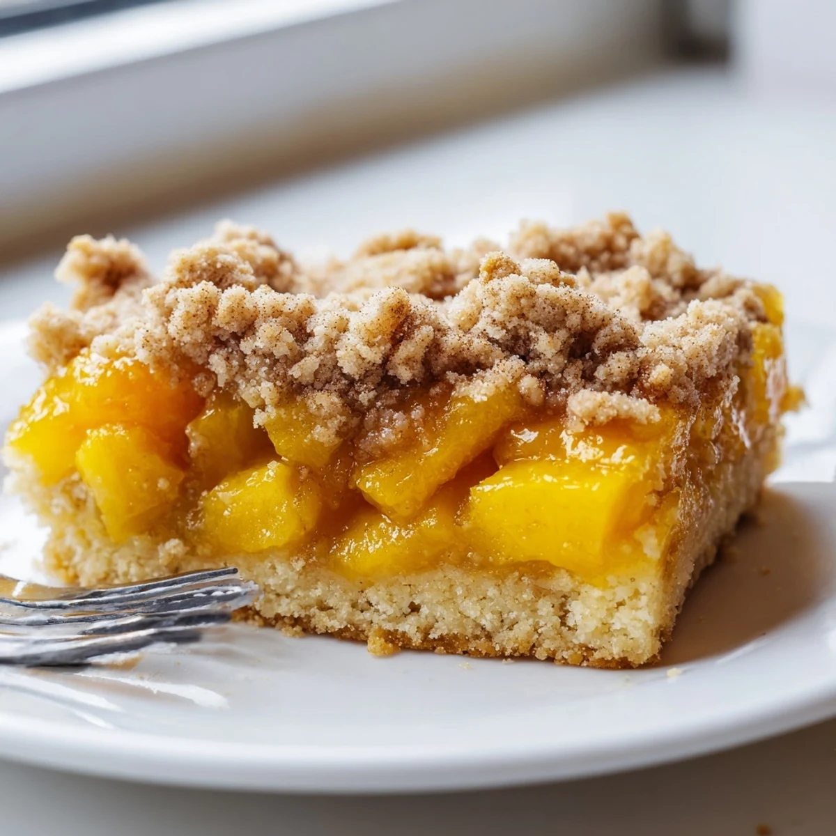 Golden peach bars with cinnamon streusel topping, fresh from the oven on a rustic plate