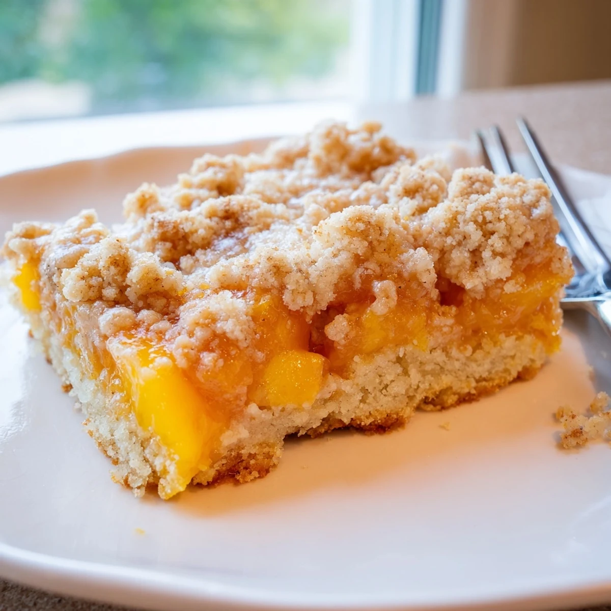 Warm peach bars with cinnamon streusel served alongside vanilla ice cream for a summer dessert