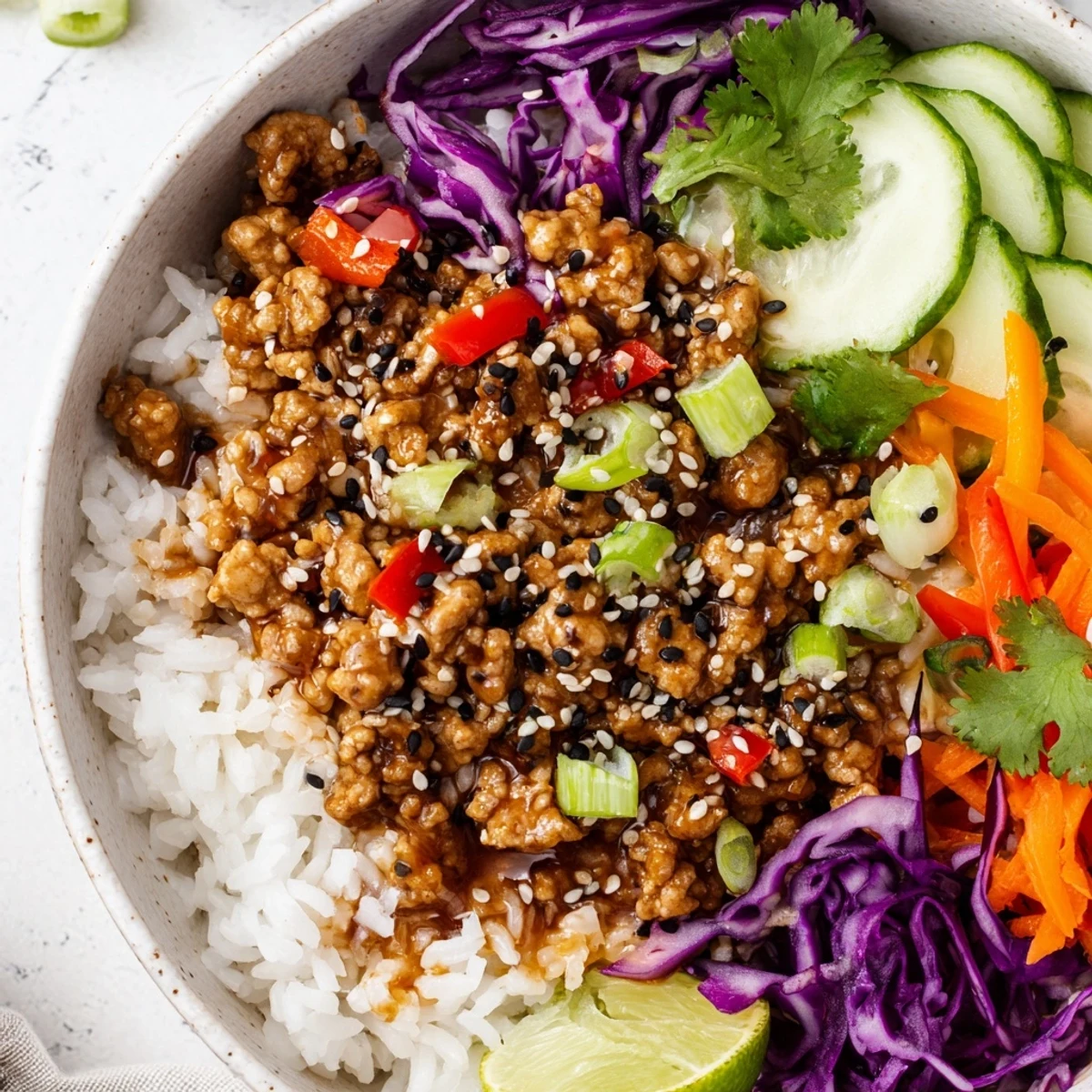 Colorful ground turkey rice bowls topped with crisp vegetables and sesame seeds