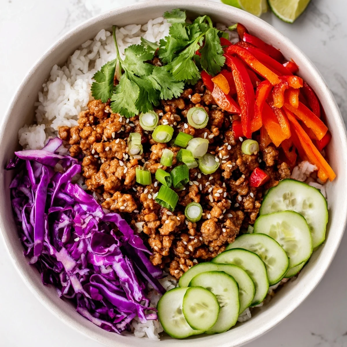Savory ground turkey rice bowls served over fluffy jasmine rice with fresh cilantro