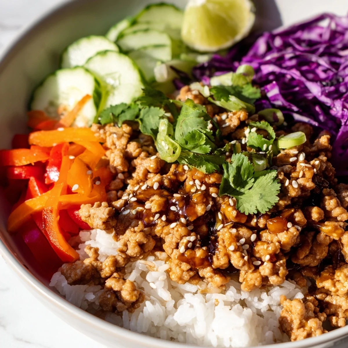 Tangy ground turkey rice bowls garnished with lime wedges and shredded purple cabbage