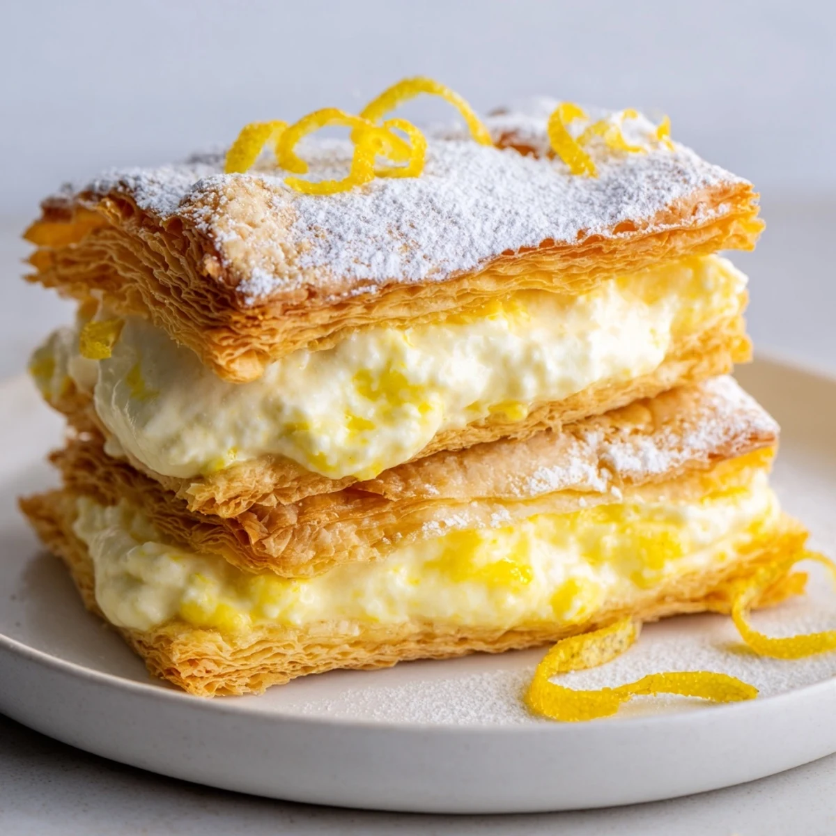 Golden lemon ricotta puff pastry mille feuille with powdered sugar dusted on crisp layers