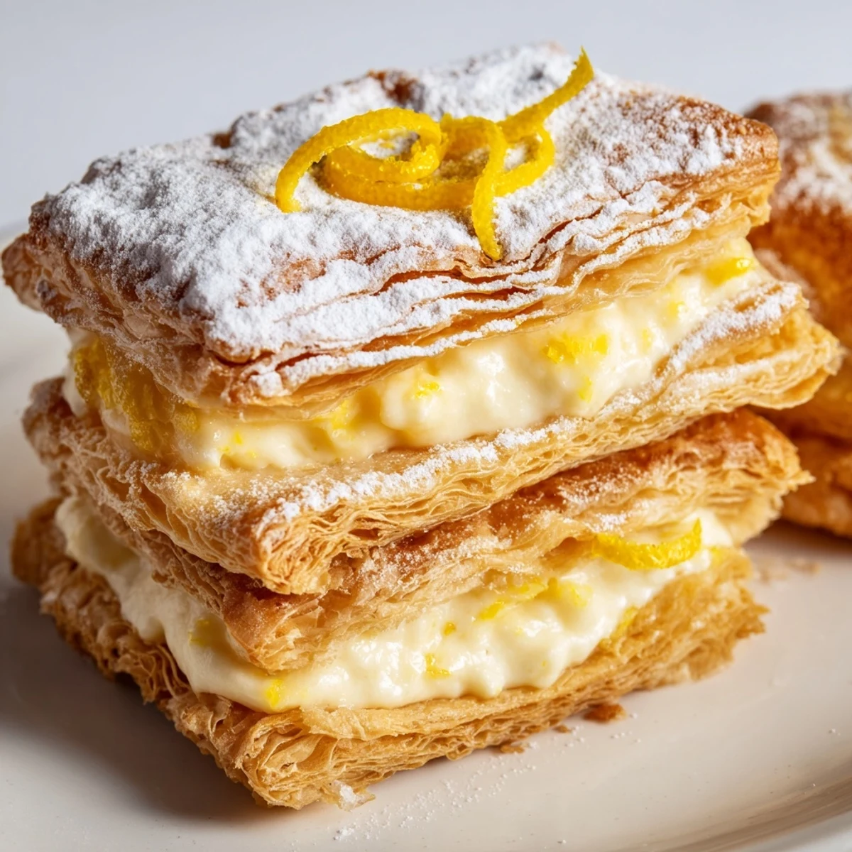 Elegant lemon ricotta puff pastry mille feuille topped with lemon zest curls on a white plate