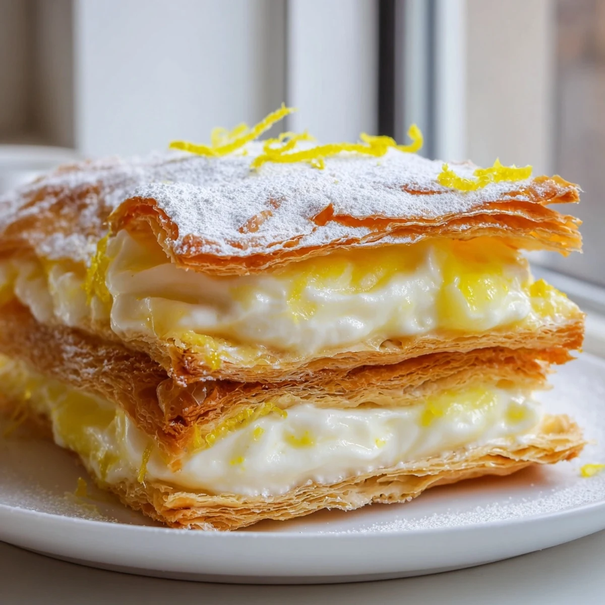 Crispy lemon ricotta puff pastry mille feuille sliced to reveal creamy citrus filling