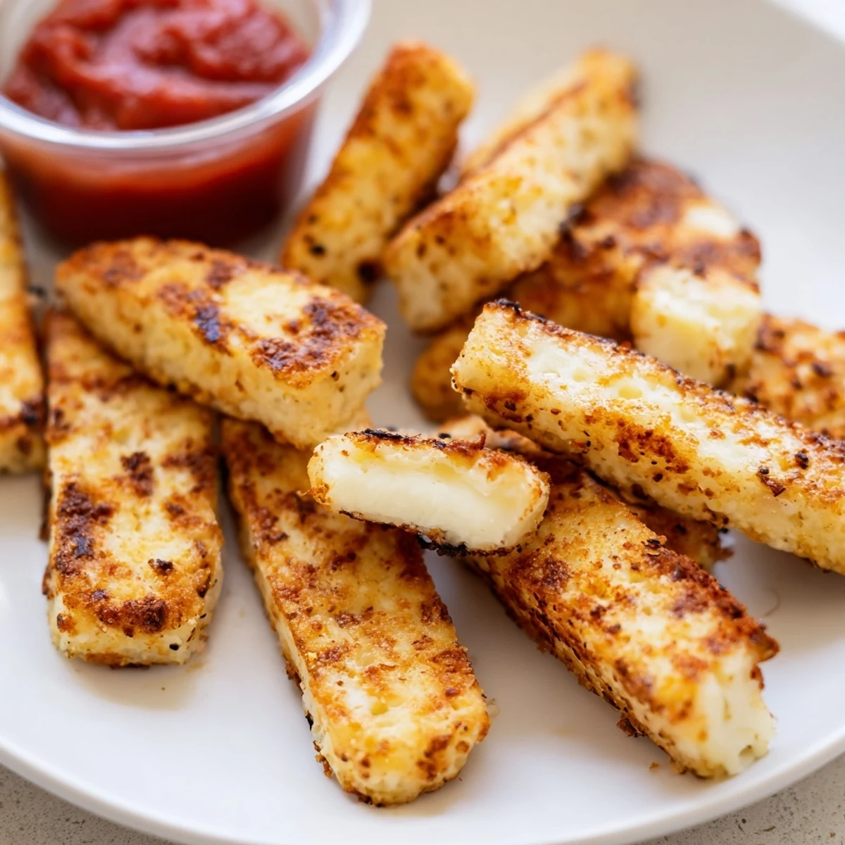 Crispy baked cottage cheese fries stacked on a plate beside cool ranch dip