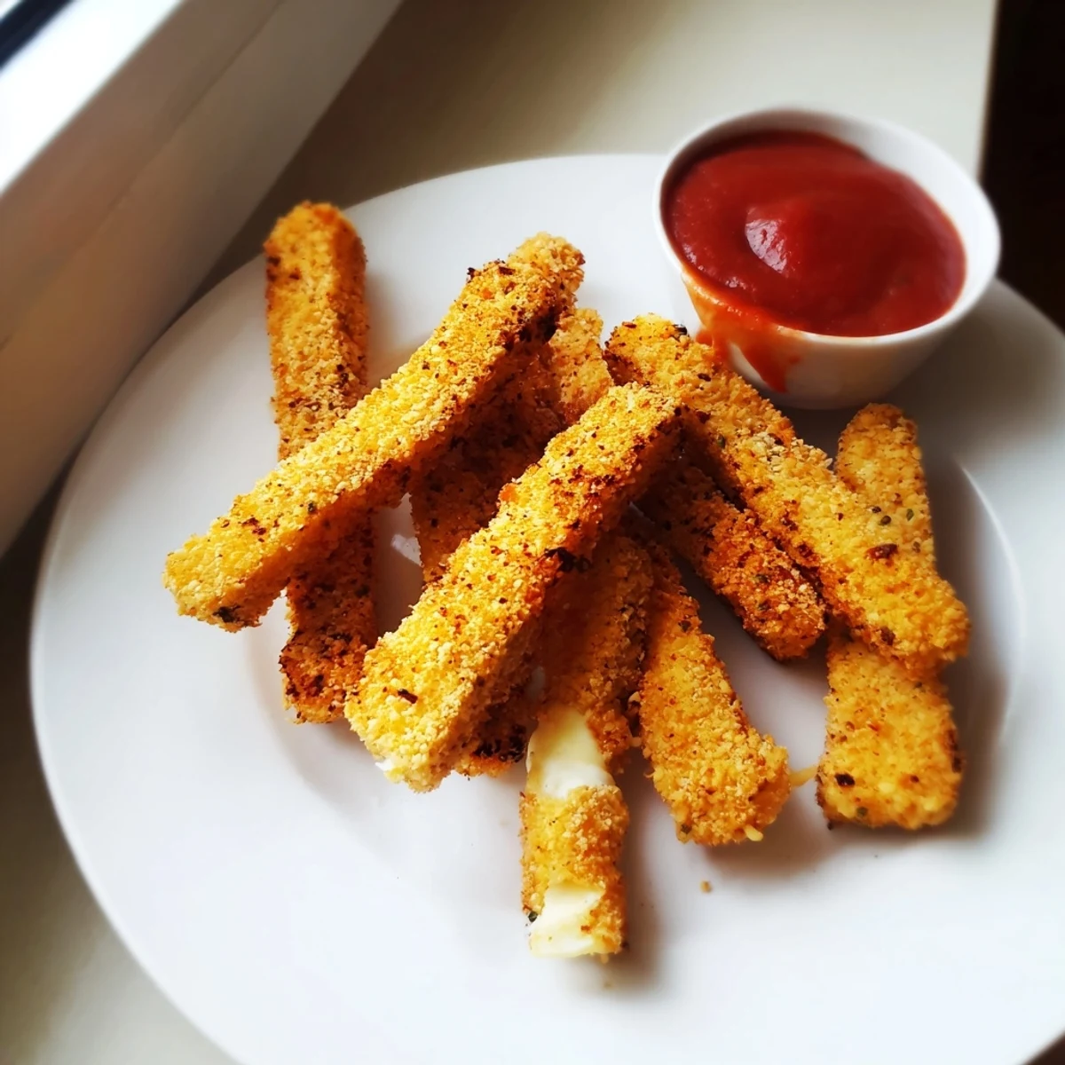 Golden baked cottage cheese fries arranged on parchment with a side of marinara
