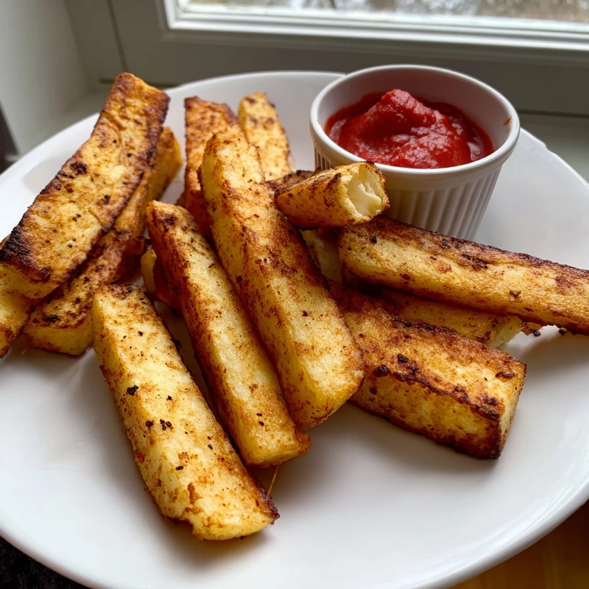 Baked cottage cheese fries fresh from the oven, golden and sprinkled with paprika