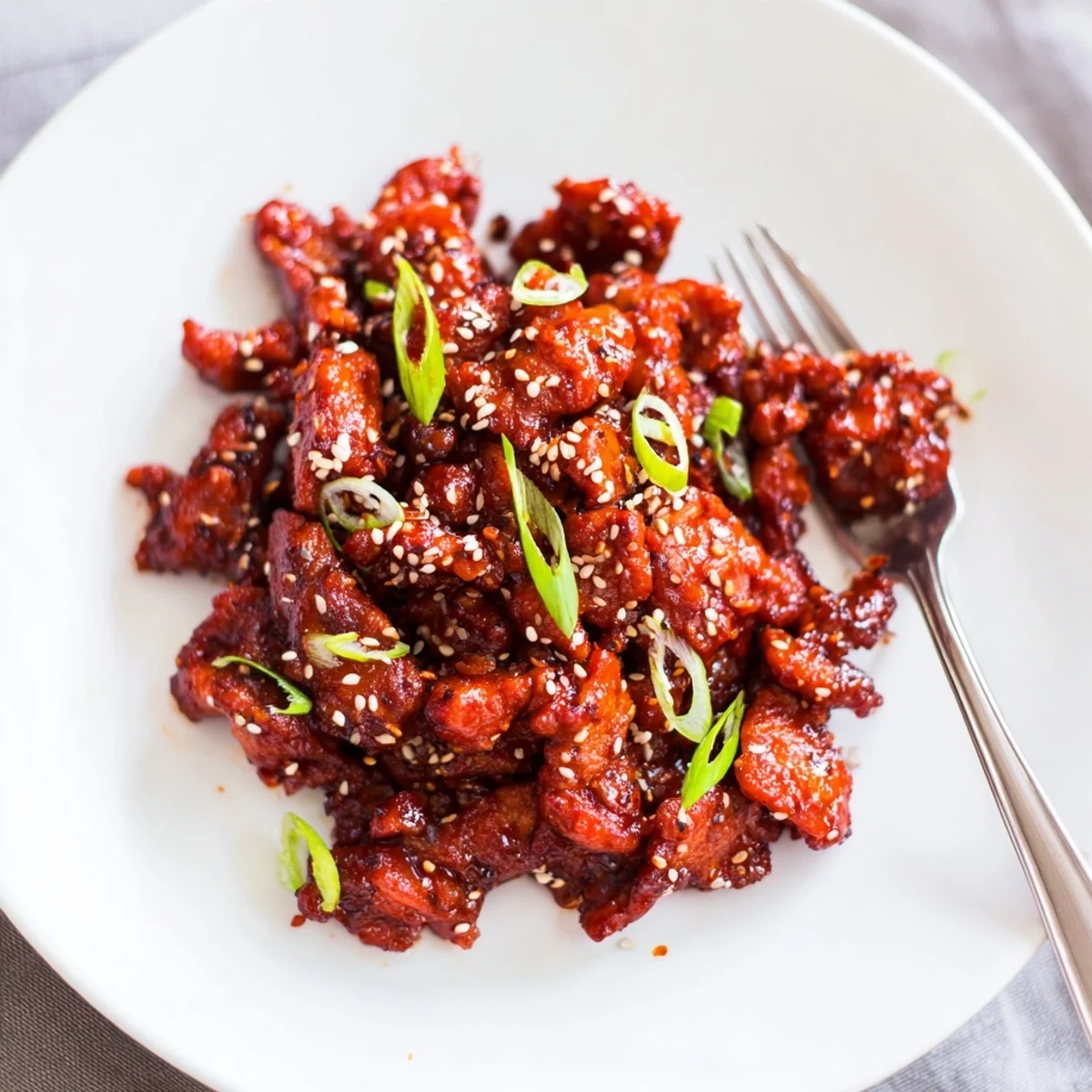 Crispy gochujang chicken thighs drizzled with sticky red glaze over steamed white rice