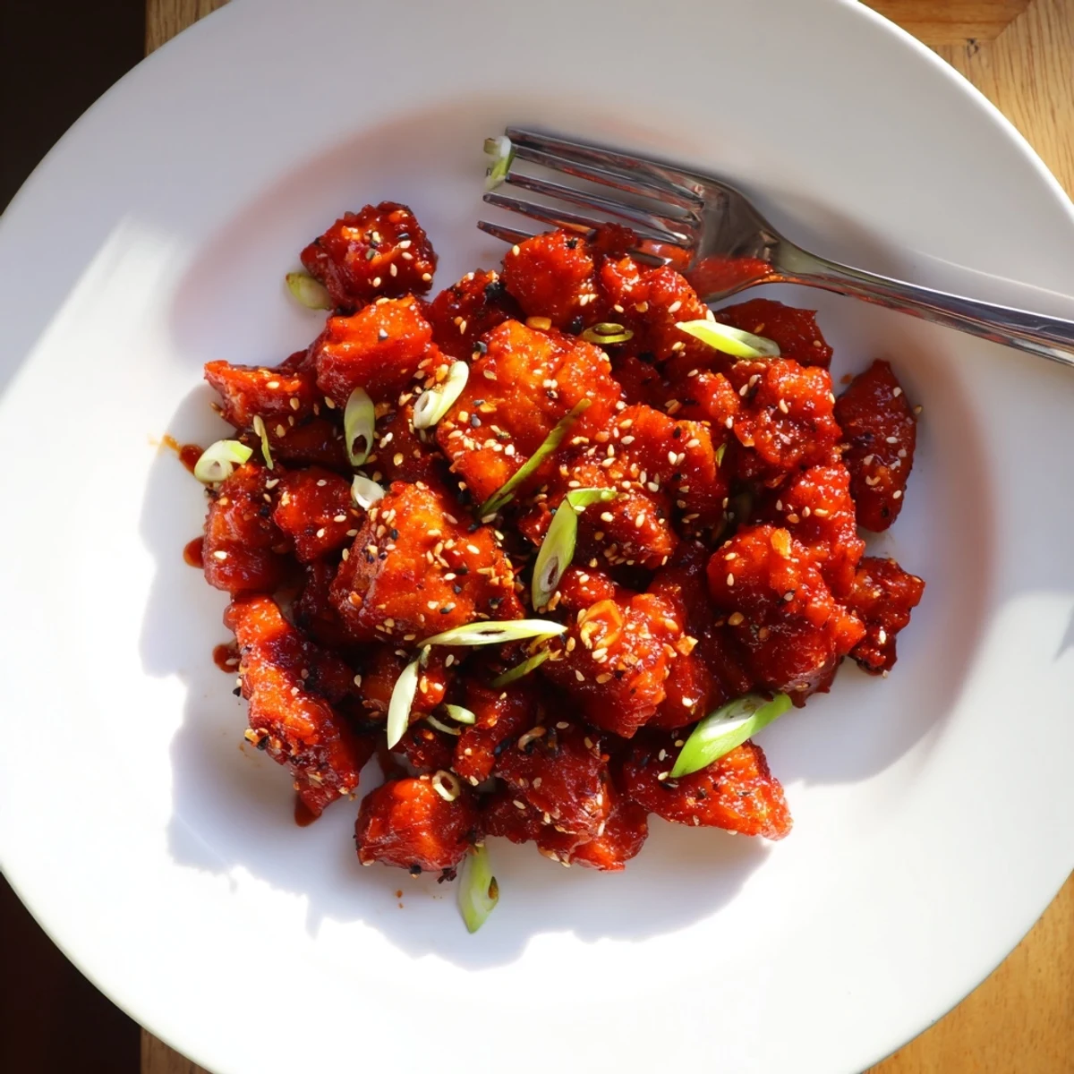 Glossy gochujang chicken caramelized in a cast iron skillet with sesame seeds