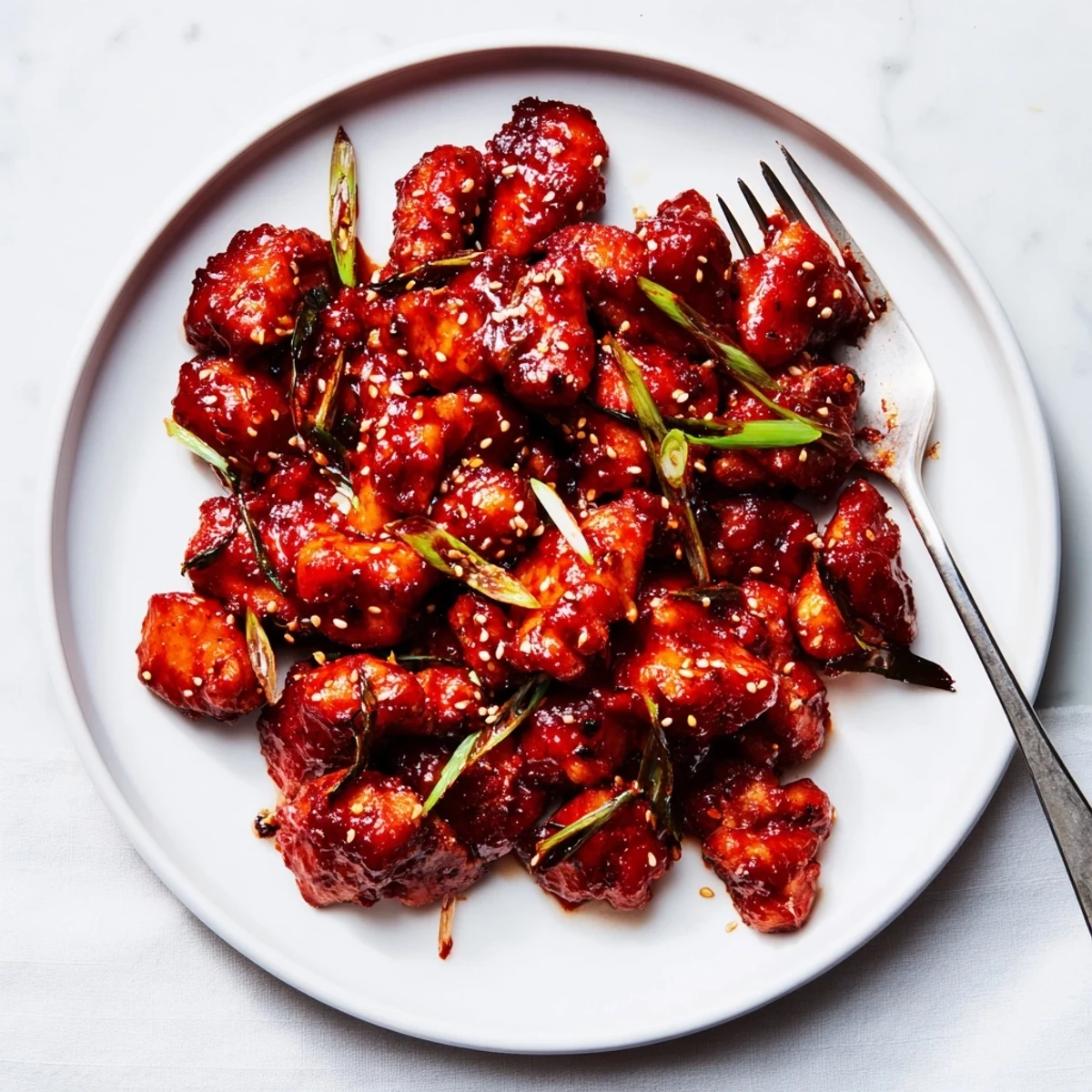 Spicy gochujang chicken garnished with sliced green onions on a rustic dinner plate
