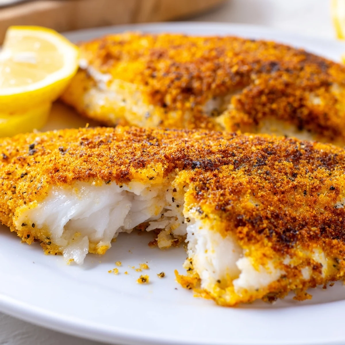 Crispy pan fried tilapia topped with fresh lemon wedges and herbs