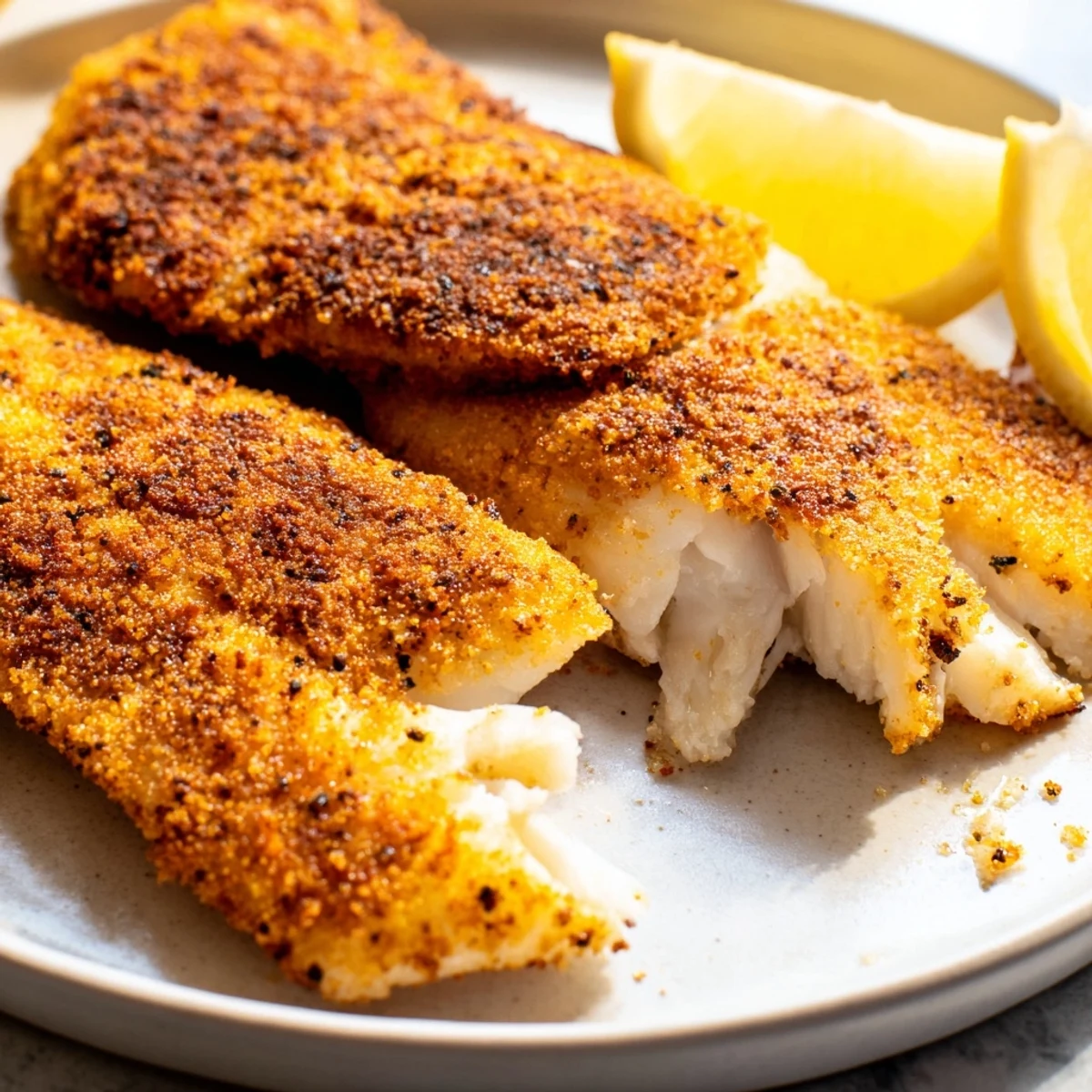 Golden pan fried tilapia fillets with crispy edges served on a white plate