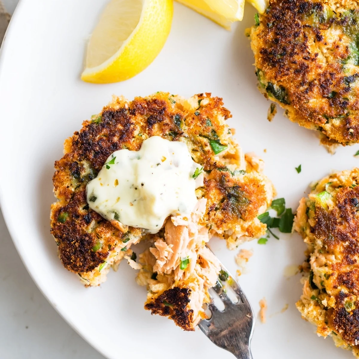 Golden pan-fried lemon garlic Alaska salmon cakes with creamy aioli on a rustic plate