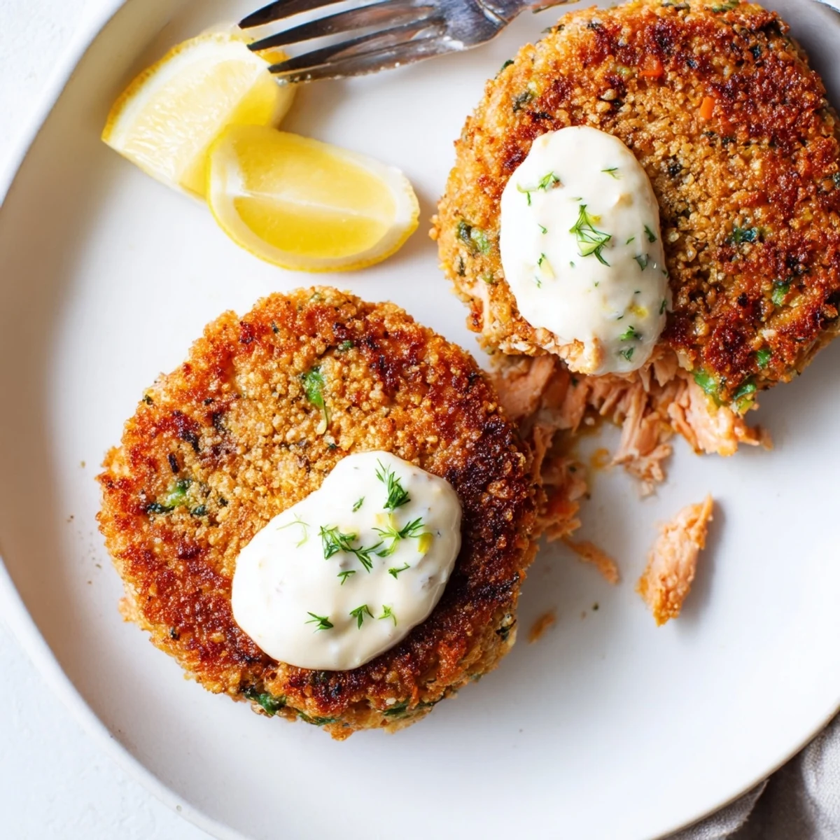Crispy lemon garlic Alaska salmon cakes served with tangy white dipping sauce and fresh herbs