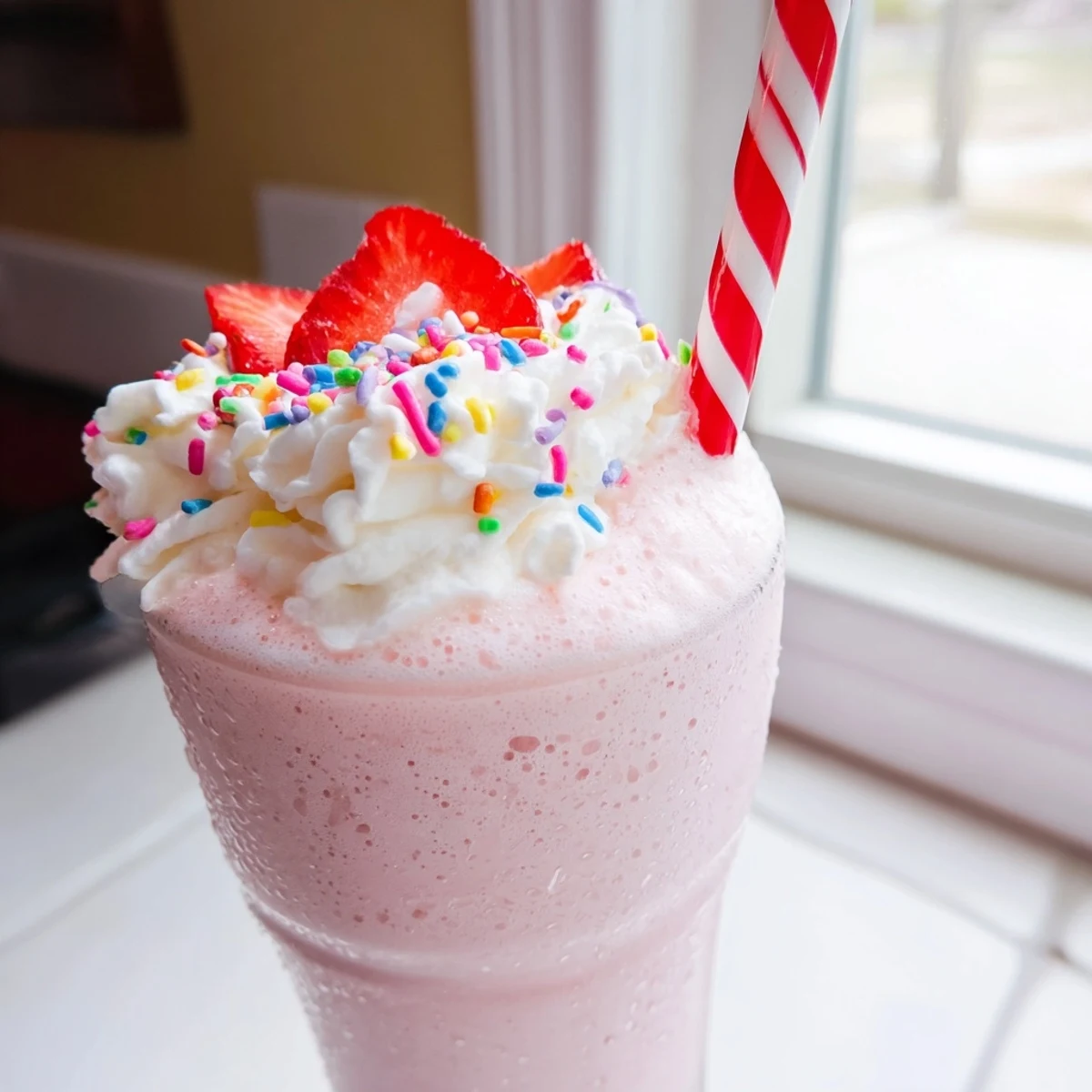 Thick pink strawberry milkshake garnished with fresh berries and a straw